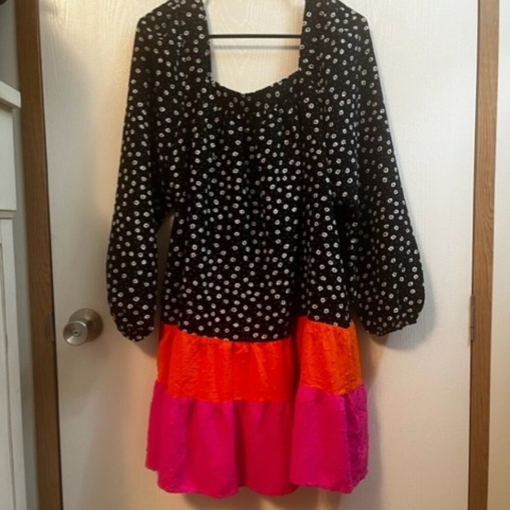 Oddy Dress Polka Dot Color Block Swiss Dot Balloon Sleeves Black Pink Size L